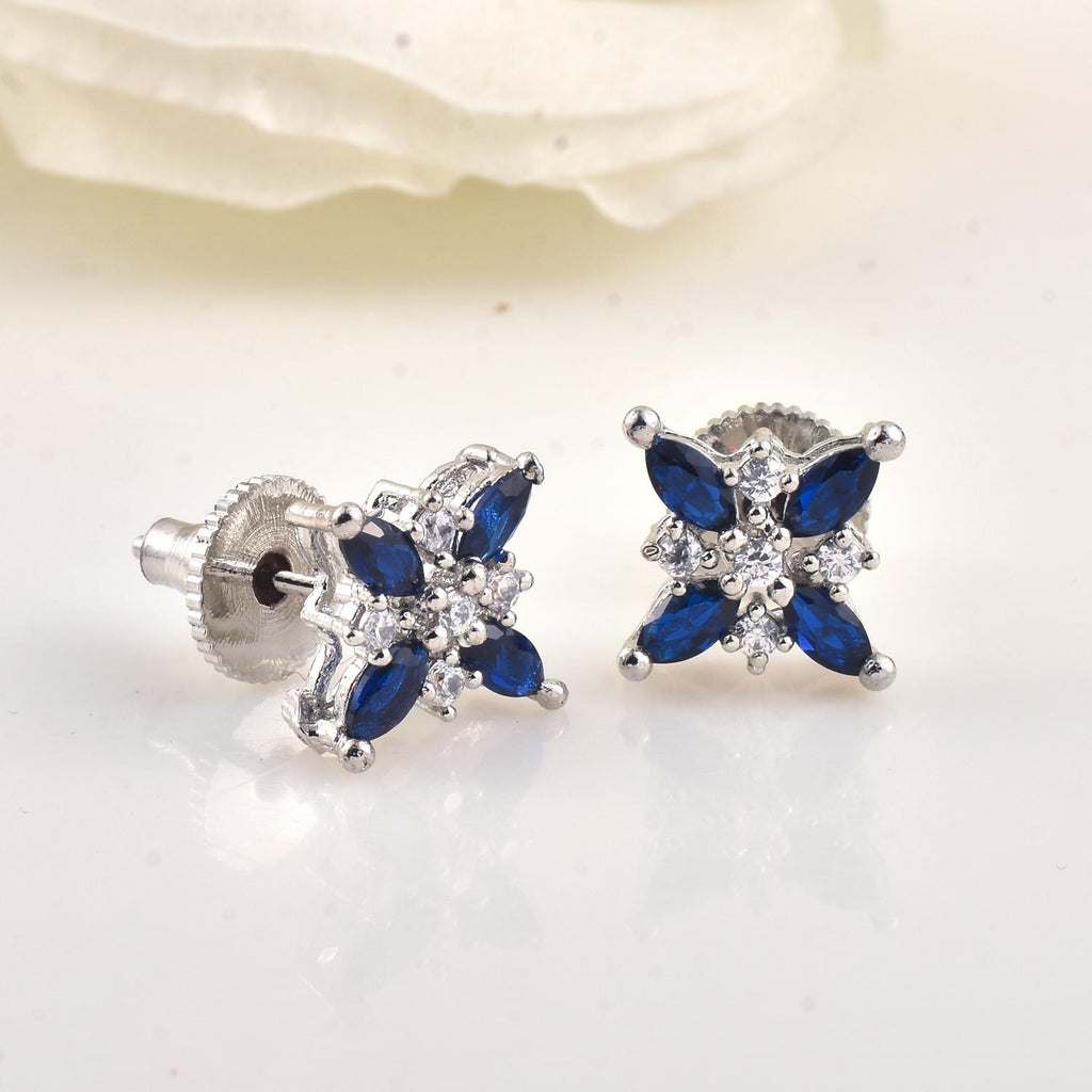 4x2mm Marquise Blue CZ Floral Brass Stud Earrings