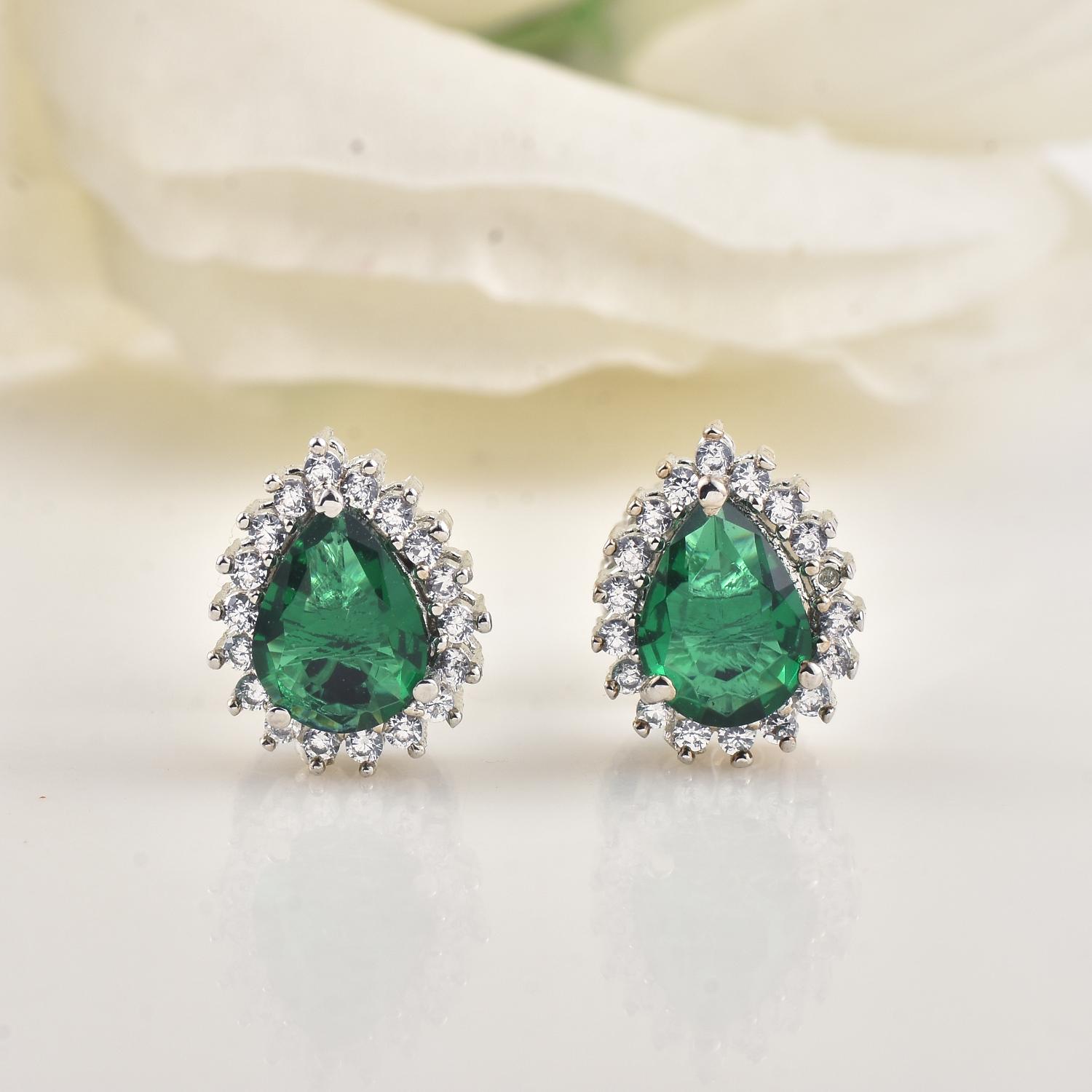 6x4mm Pear Shape Green CZ Halo Brass Stud Earrings