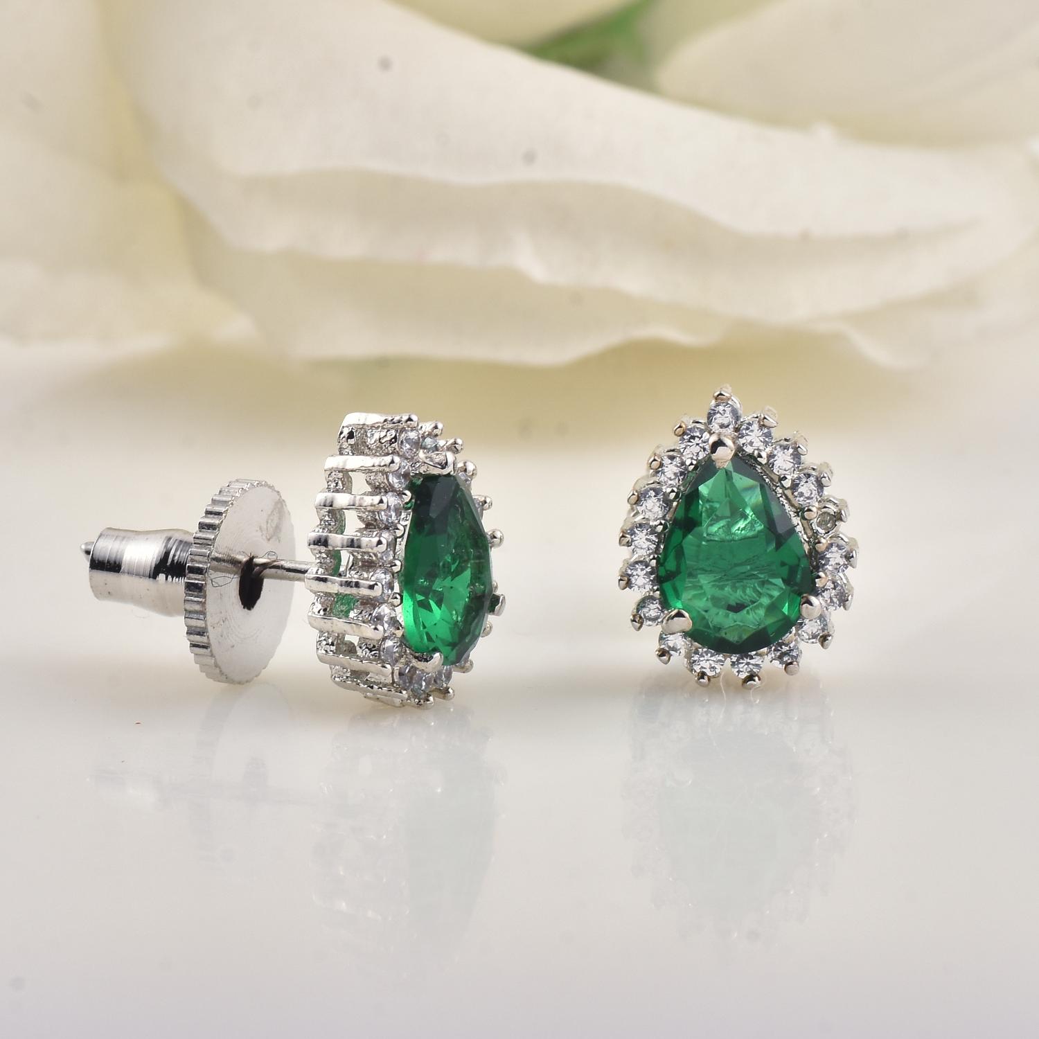 6x4mm Pear Shape Green CZ Halo Brass Stud Earrings