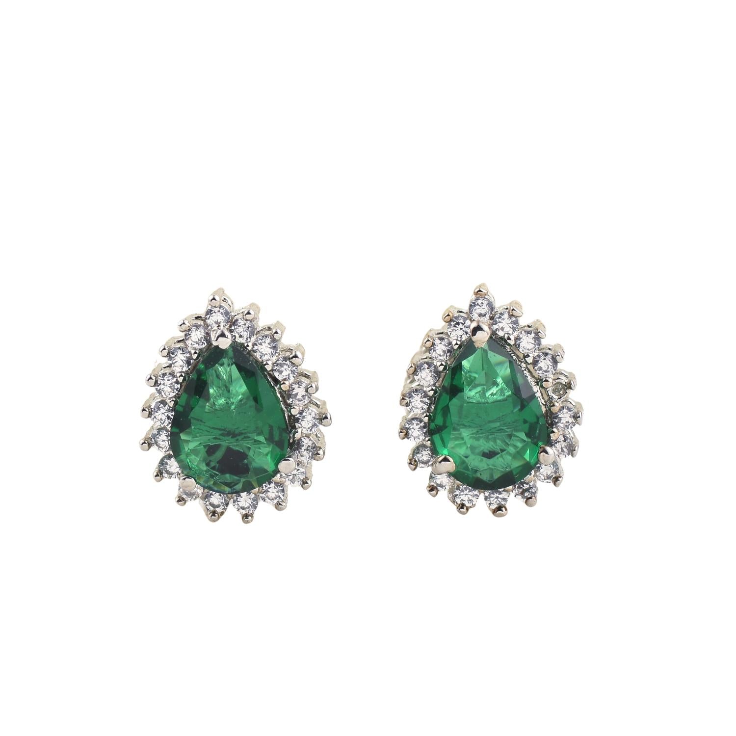 6x4mm Pear Shape Green CZ Halo Brass Stud Earrings