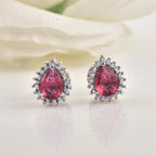 6x4mm Pear Shape Red CZ Halo Brass Stud Earrings