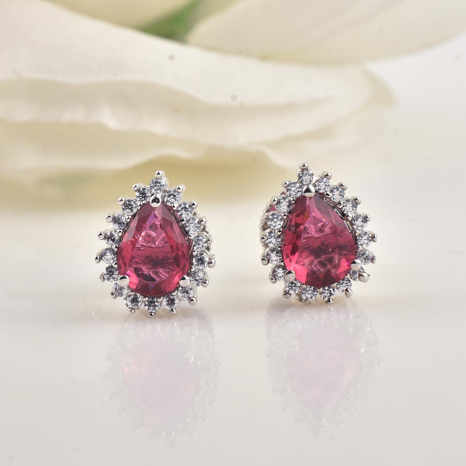 6x4mm Pear Shape Red CZ Halo Brass Stud Earrings