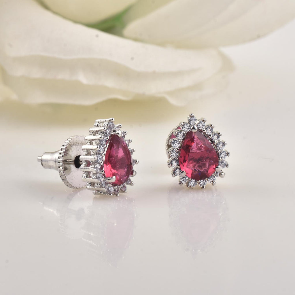 6x4mm Pear Shape Red CZ Halo Brass Stud Earrings