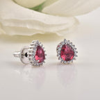 6x4mm Pear Shape Red CZ Halo Brass Stud Earrings