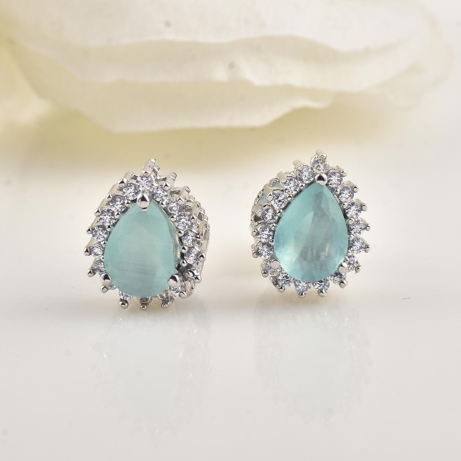 6x4mm Pear Shape Aquamarine CZ Brass Halo Stud Earrings