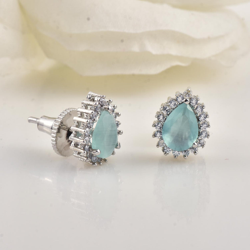 6x4mm Pear Shape Aquamarine CZ Brass Halo Stud Earrings