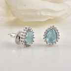 6x4mm Pear Shape Aquamarine CZ Brass Halo Stud Earrings
