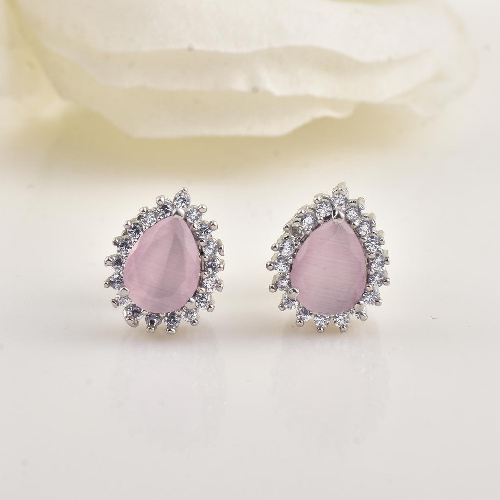 6x4mm Pear Shape Pink CZ Halo Brass Stud Earrings