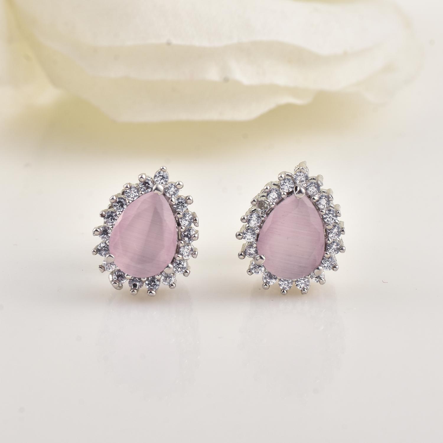 6x4mm Pear Shape Pink CZ Halo Brass Stud Earrings