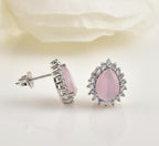6x4mm Pear Shape Pink CZ Halo Brass Stud Earrings
