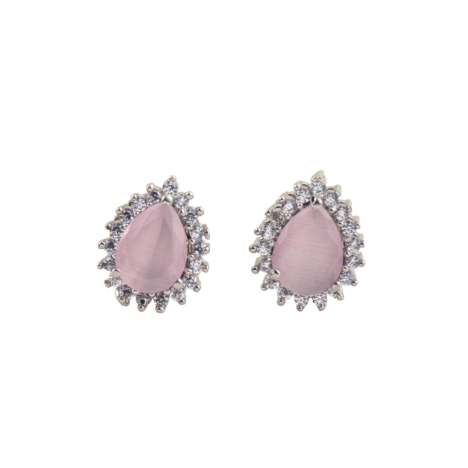 6x4mm Pear Shape Pink CZ Halo Brass Stud Earrings
