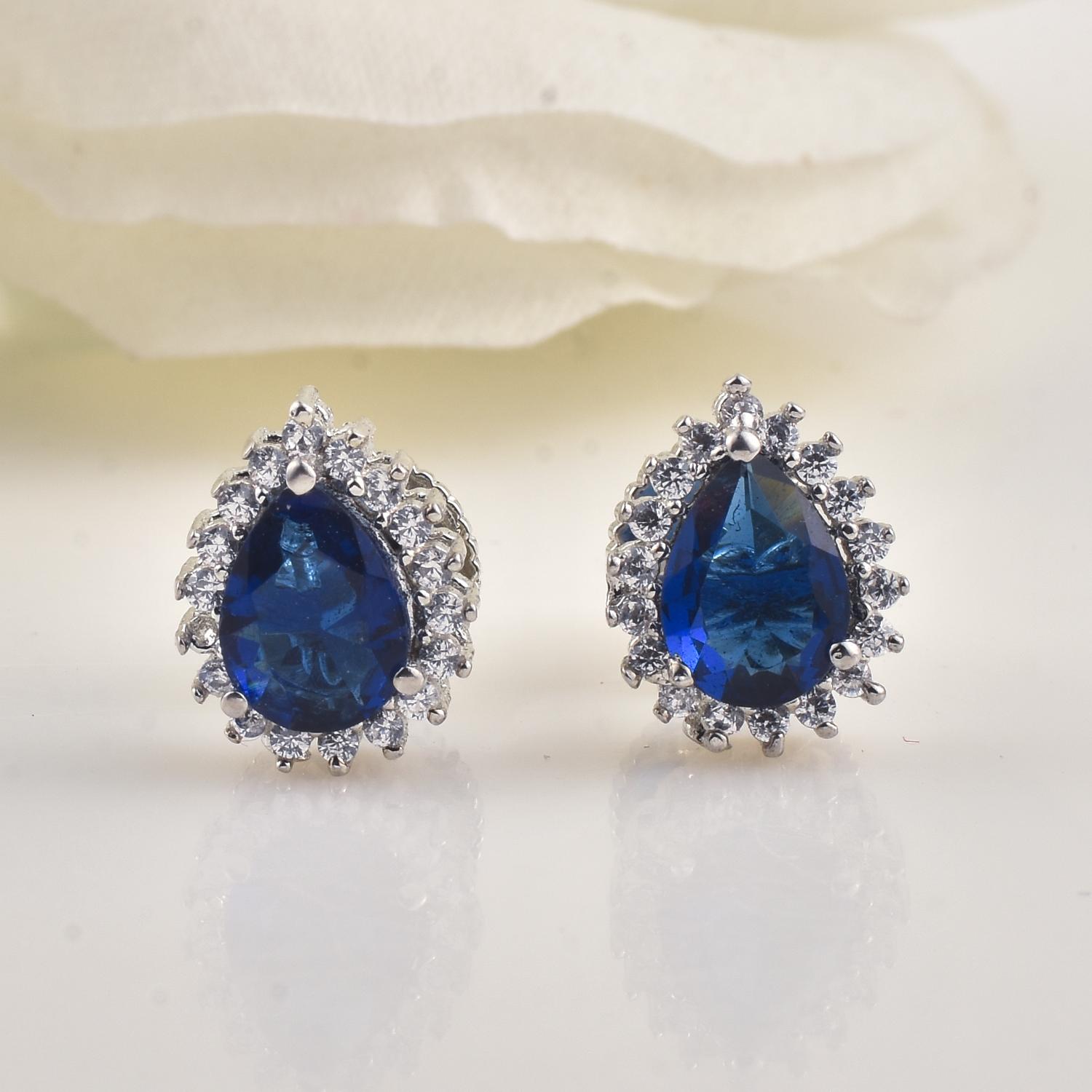 6x4mm Pear Shape Blue CZ Halo Brass Stud Earrings