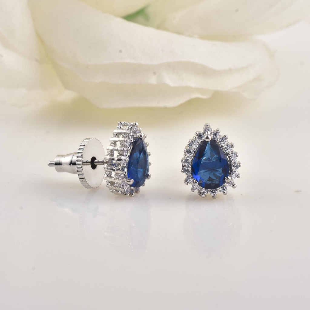 6x4mm Pear Shape Blue CZ Halo Brass Stud Earrings