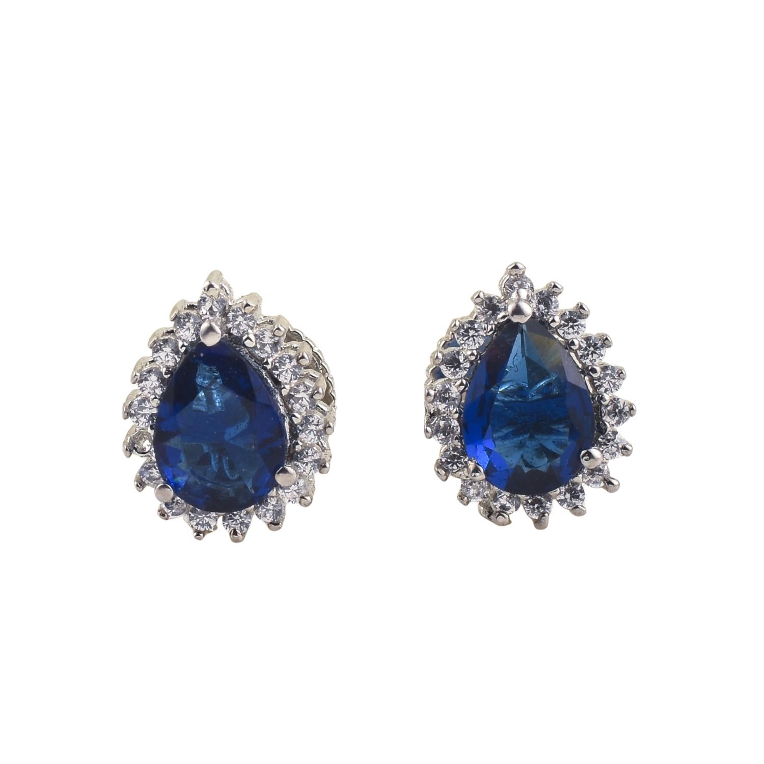 6x4mm Pear Shape Blue CZ Halo Brass Stud Earrings