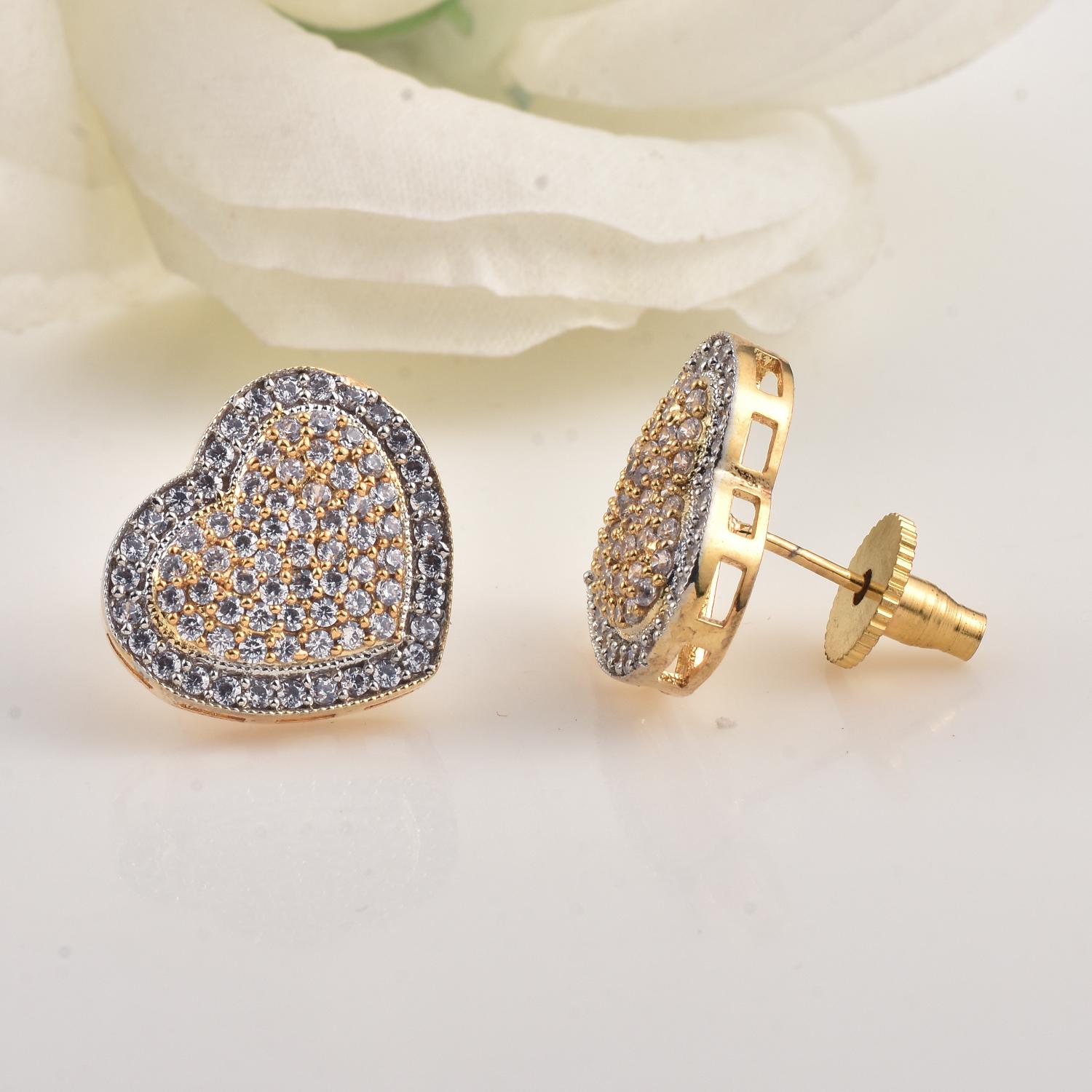 1.50mm White CZ Heart Shape Brass Stud Earrings