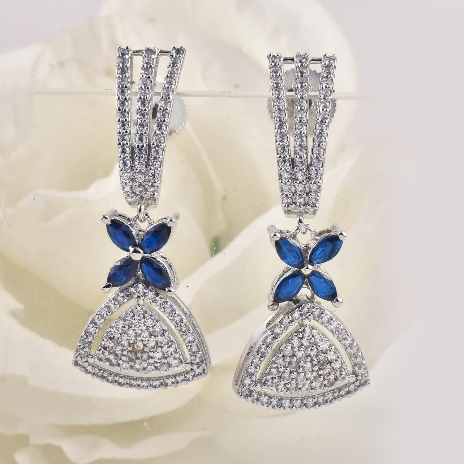4x2mm Marquise Blue CZ & 1.50mm White CZ Brass Dangle Earrings