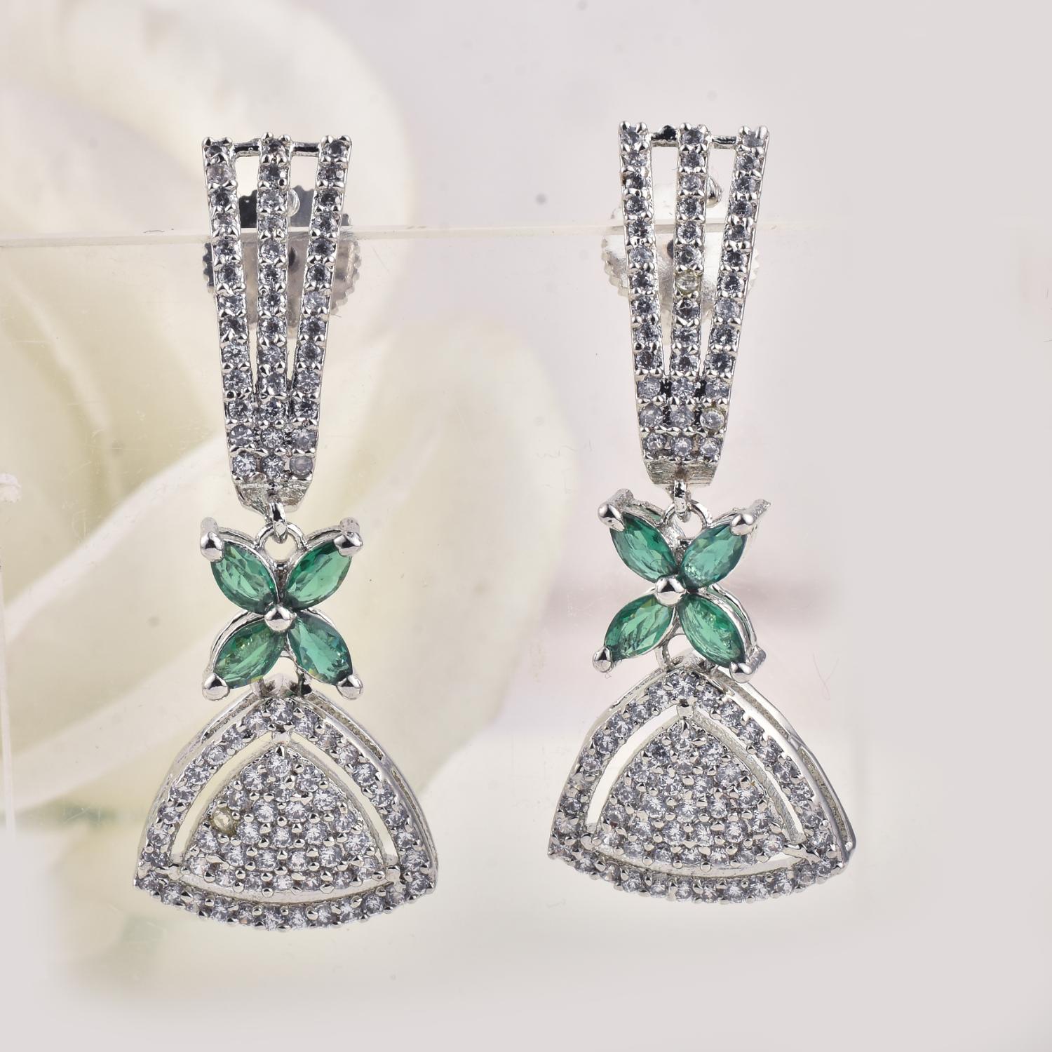 4x2mm Marquise Green CZ & 1.50mm White CZ Brass Dangle Earrings