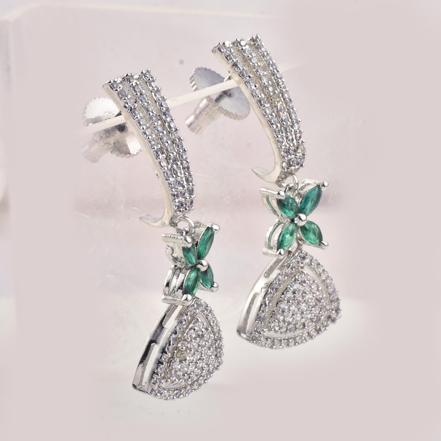 4x2mm Marquise Green CZ & 1.50mm White CZ Brass Dangle Earrings