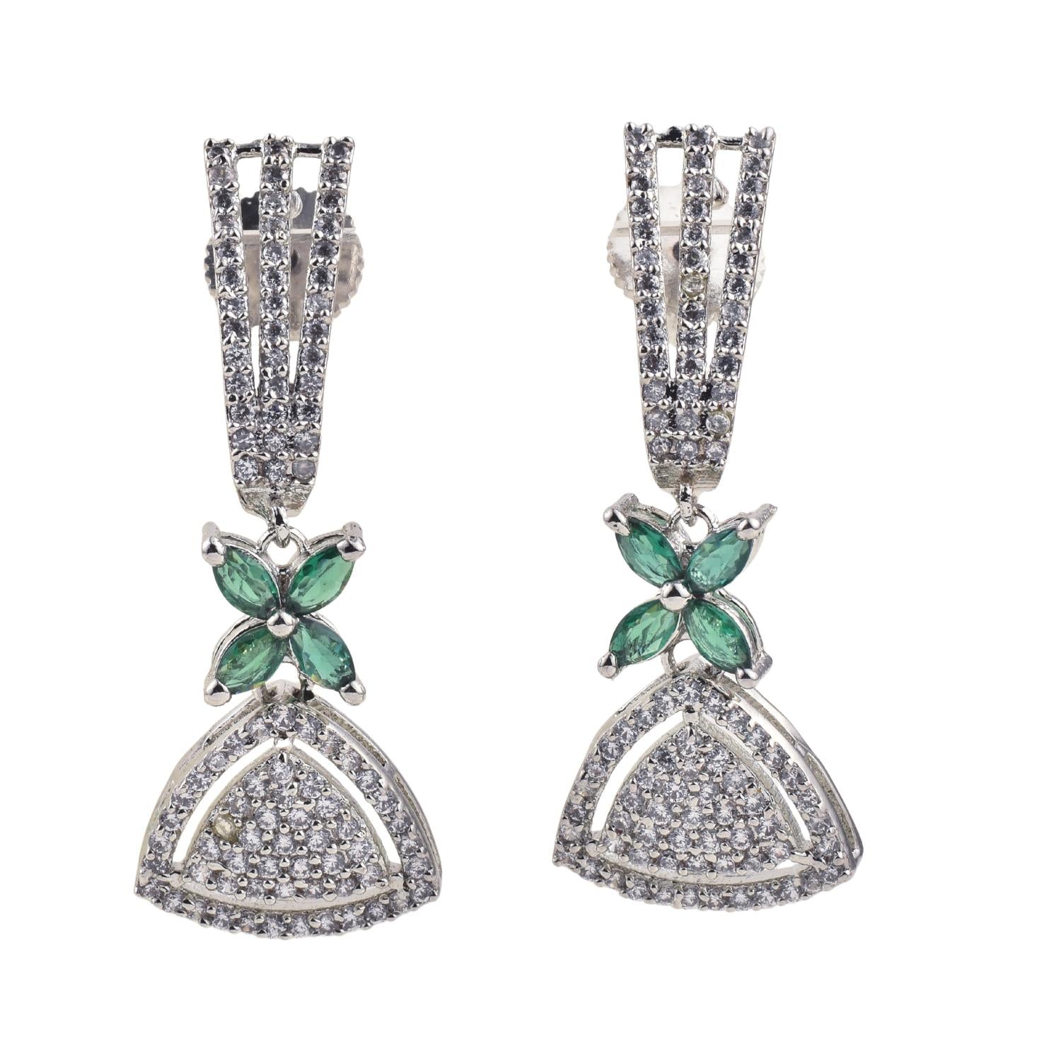 4x2mm Marquise Green CZ & 1.50mm White CZ Brass Dangle Earrings