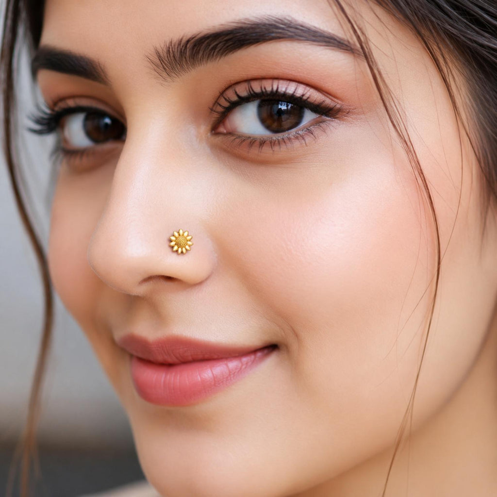Sunflower Nose Pin with South Screw Back - 925 Sterling Silver Yellow Plated