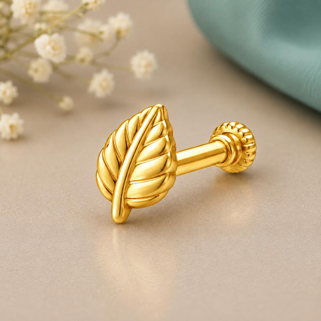 Leaf Design Nose Pin for Women - 925 Sterling Silver Yellow Plated