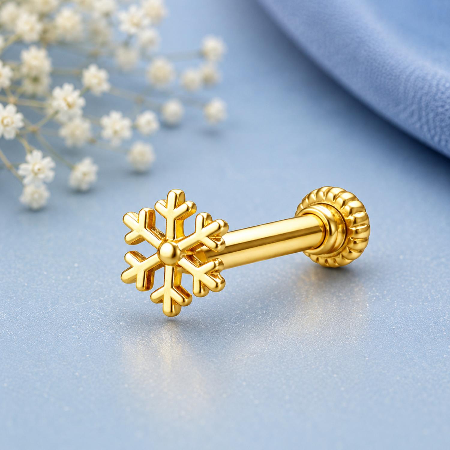 Snowflake Screw Back Nose Pin for Women - 925 Sterling Silver Yellow Plated
