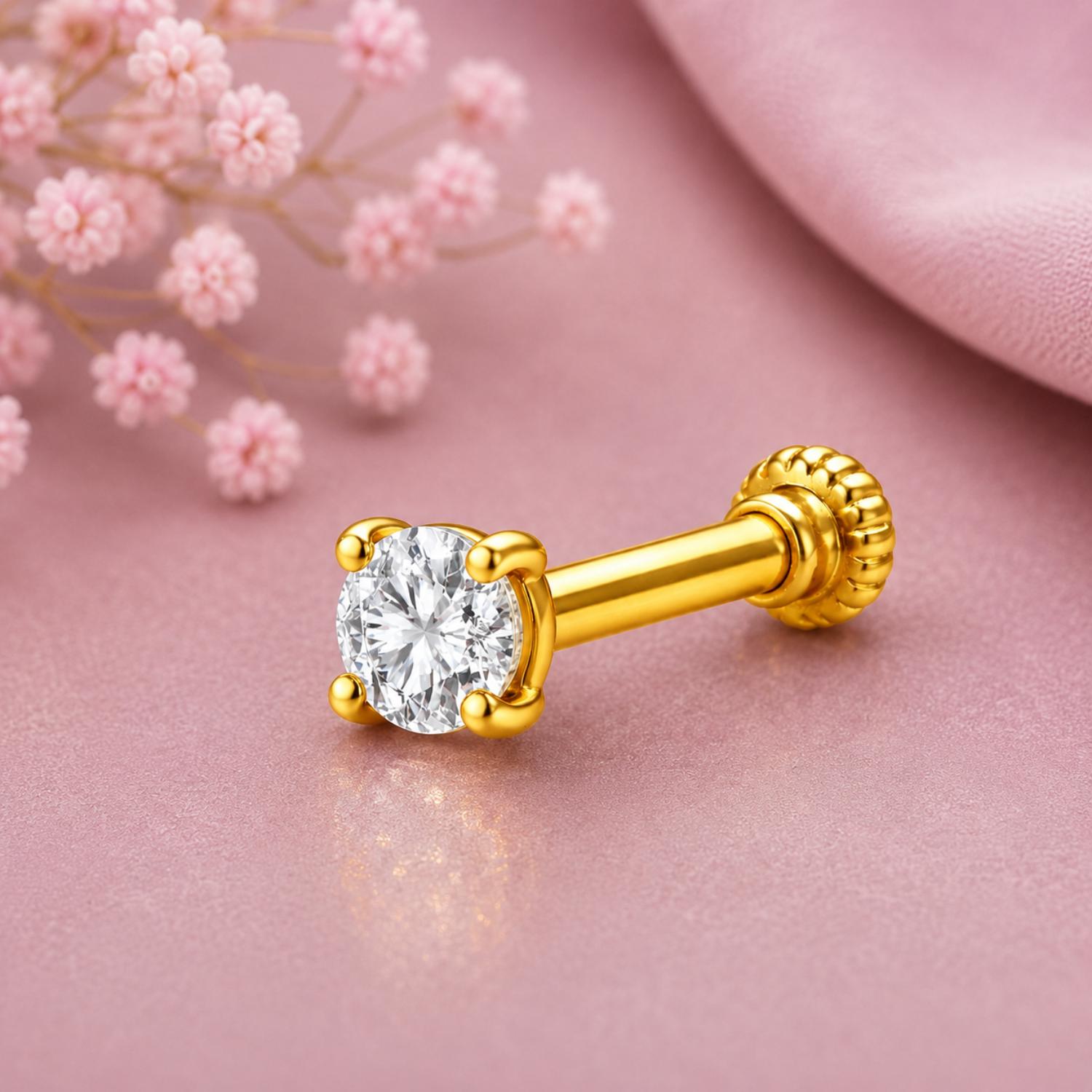 Round CZ Solitaire Screw Back Nose Pin for Women - 925 Sterling Silver Yellow Plated