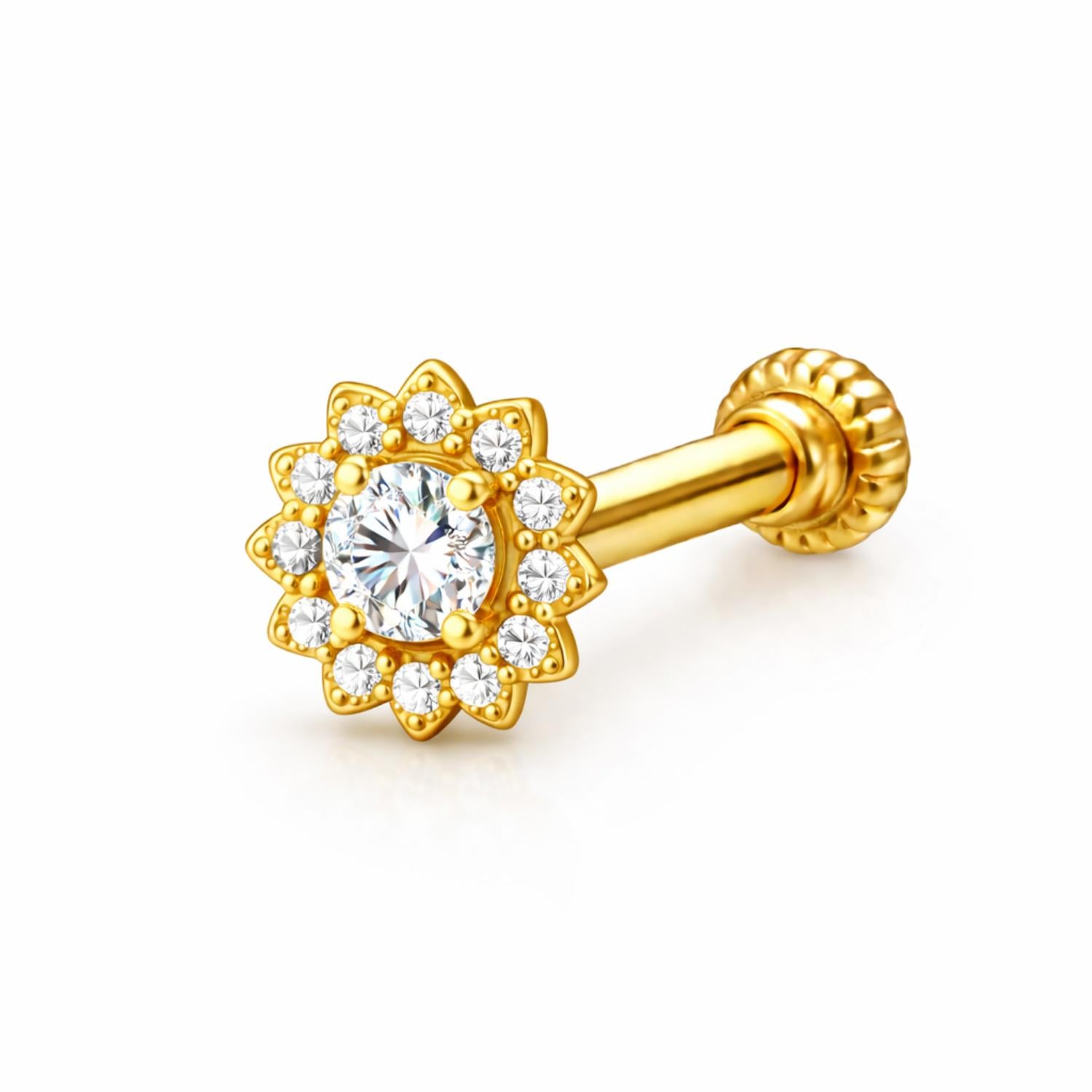 Floral Halo CZ Screw Back Nose Pin for Women - 925 Sterling Silver Yellow Plated