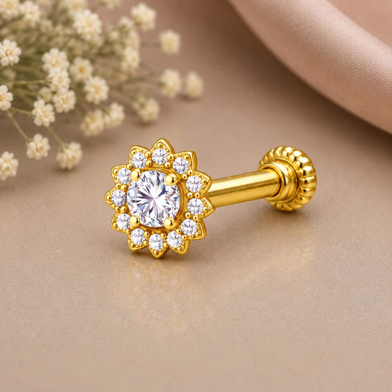 Floral Halo CZ Screw Back Nose Pin for Women - 925 Sterling Silver Yellow Plated
