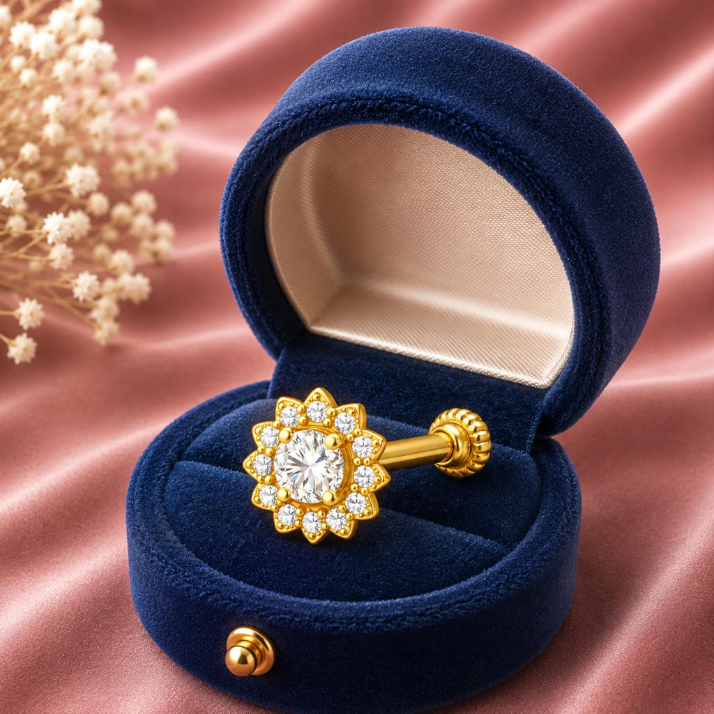 Floral Halo CZ Screw Back Nose Pin for Women - 925 Sterling Silver Yellow Plated
