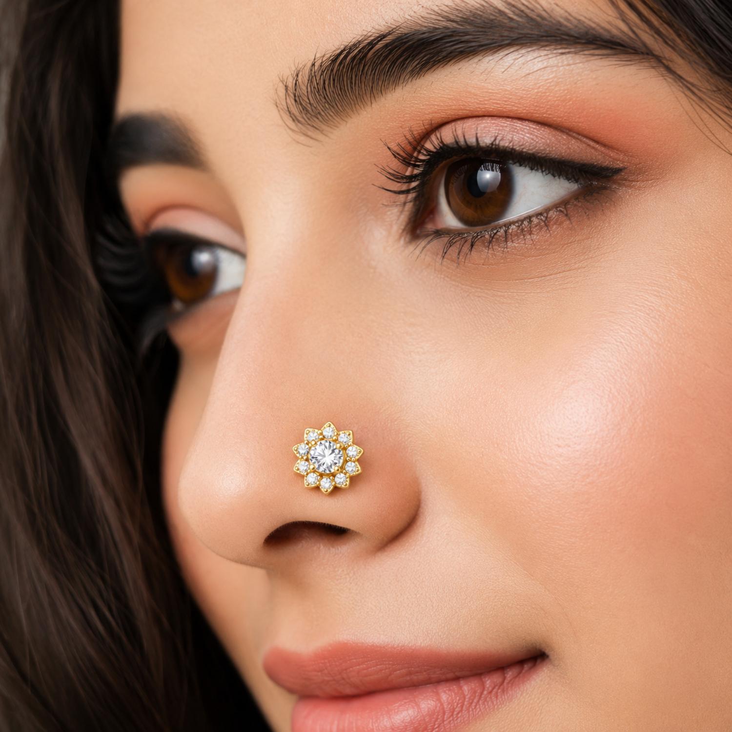 Floral Halo CZ Screw Back Nose Pin for Women - 925 Sterling Silver Yellow Plated