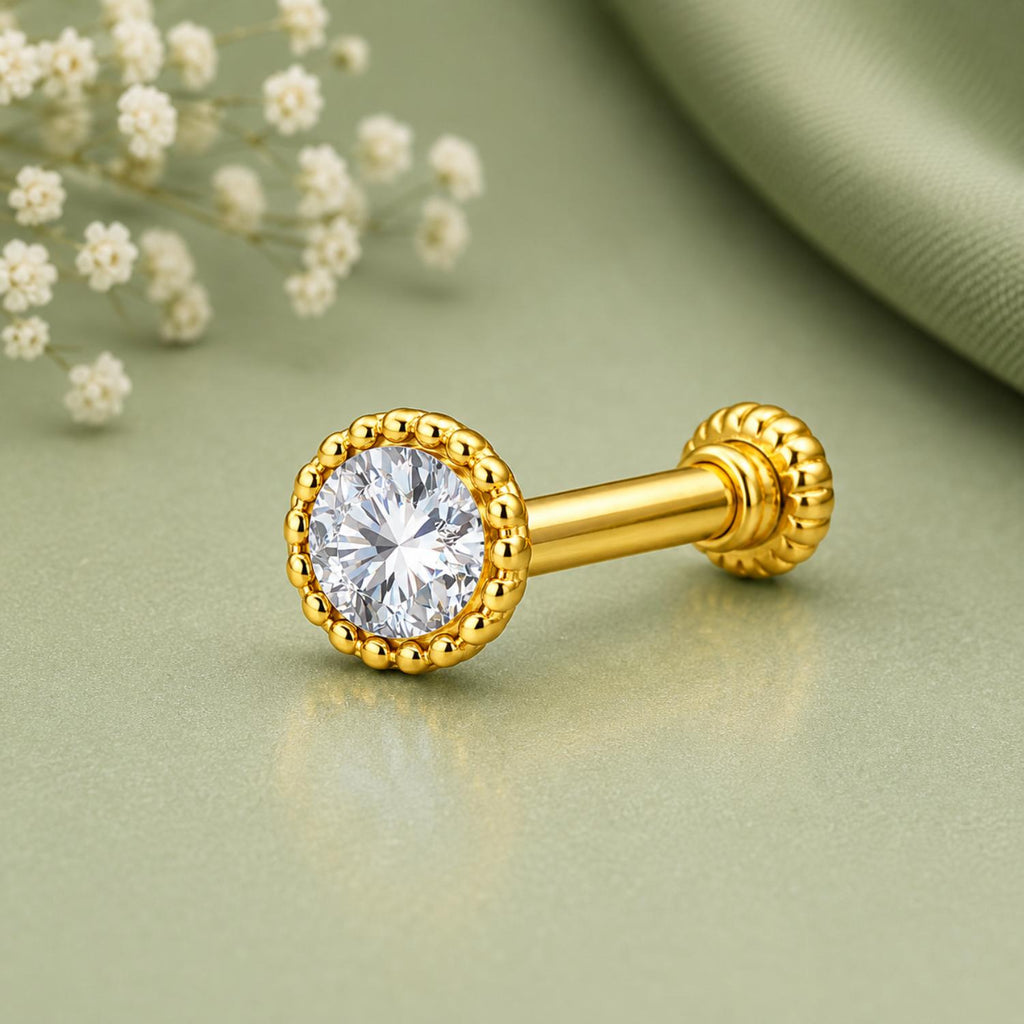 Beaded Halo Round CZ Screw Back Nose Pin for Women - 925 Sterling Silver Yellow Plated