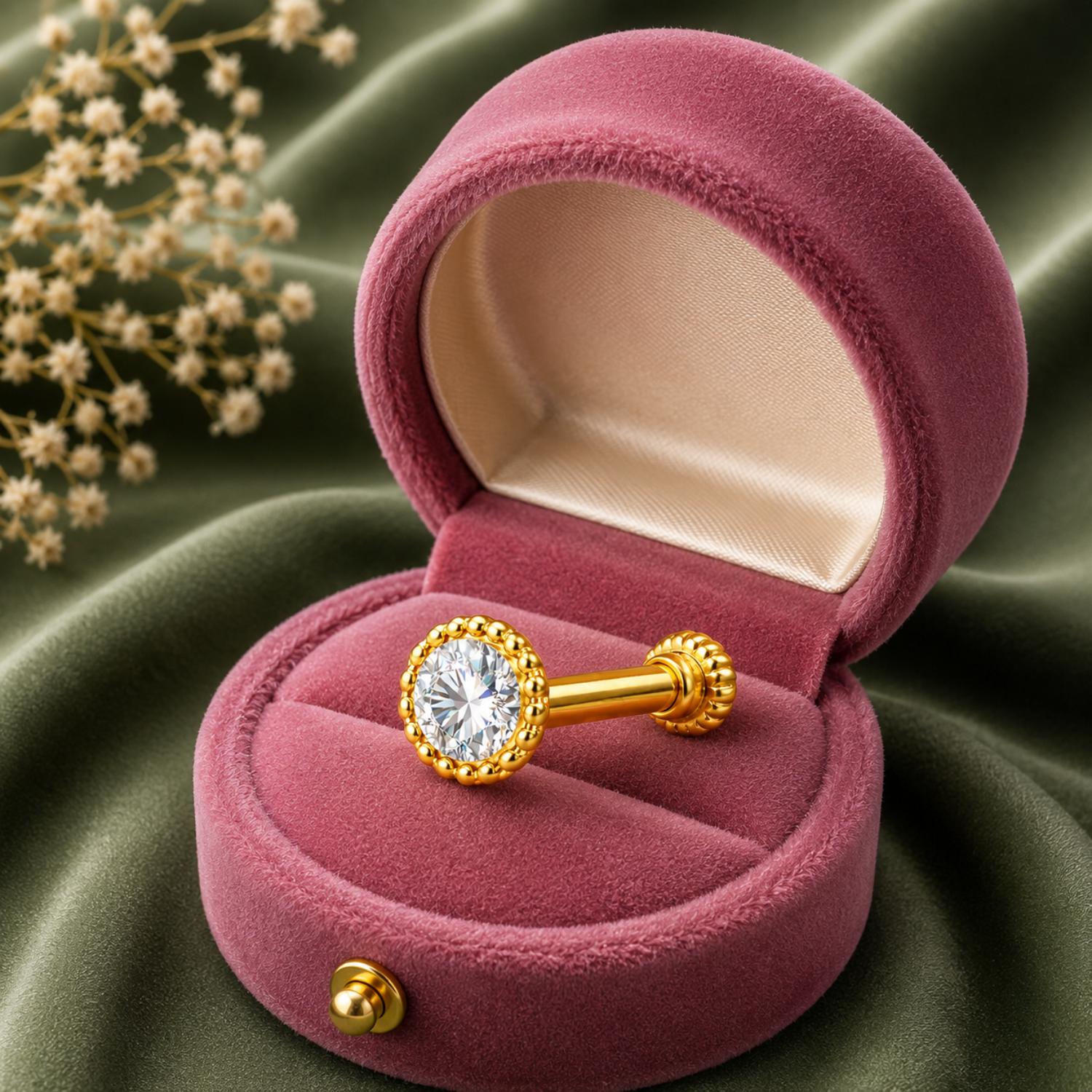 Beaded Halo Round CZ Screw Back Nose Pin for Women - 925 Sterling Silver Yellow Plated