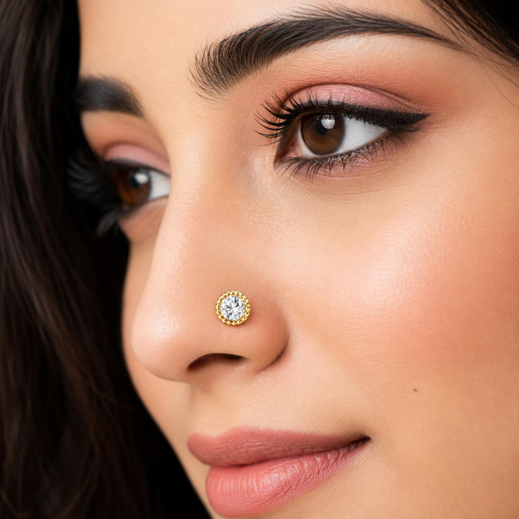 Beaded Halo Round CZ Screw Back Nose Pin for Women - 925 Sterling Silver Yellow Plated