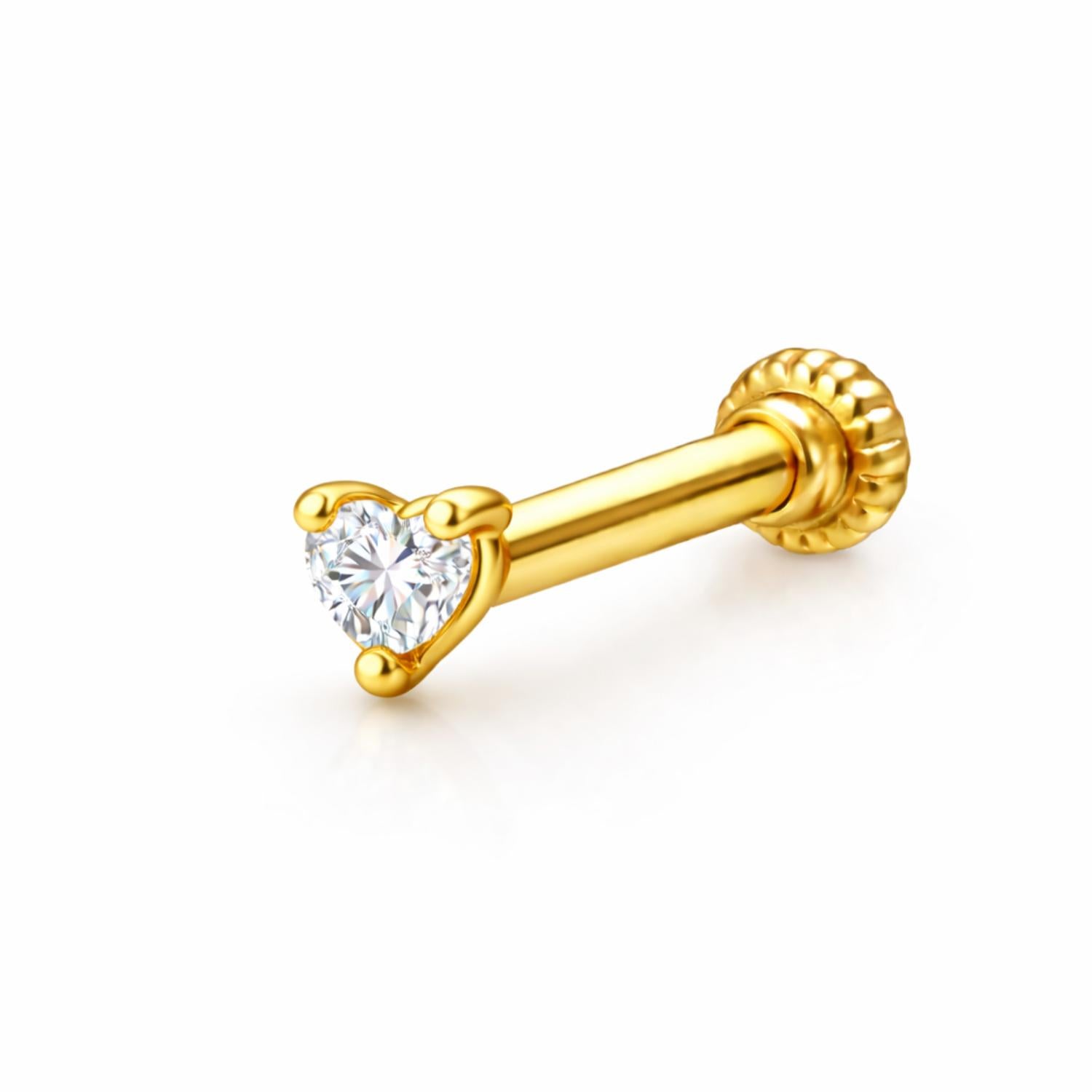 Heart CZ Solitaire Screw Back Nose Pin for Women - 925 Sterling Silver Yellow Plated