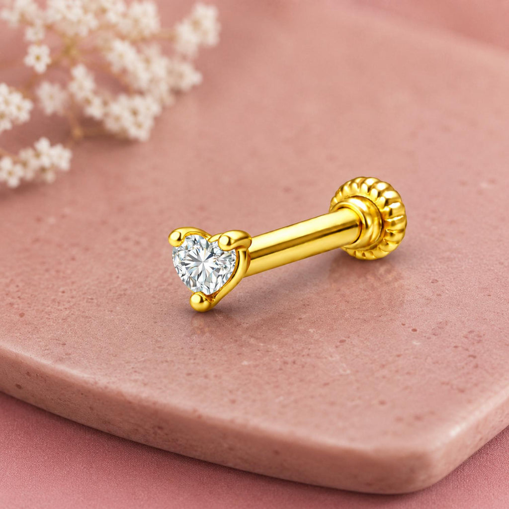 Heart CZ Solitaire Screw Back Nose Pin for Women - 925 Sterling Silver Yellow Plated