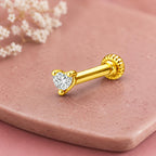 Heart CZ Solitaire Screw Back Nose Pin for Women - 925 Sterling Silver Yellow Plated