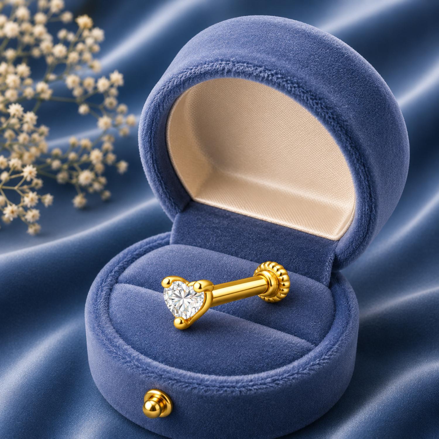 Heart CZ Solitaire Screw Back Nose Pin for Women - 925 Sterling Silver Yellow Plated