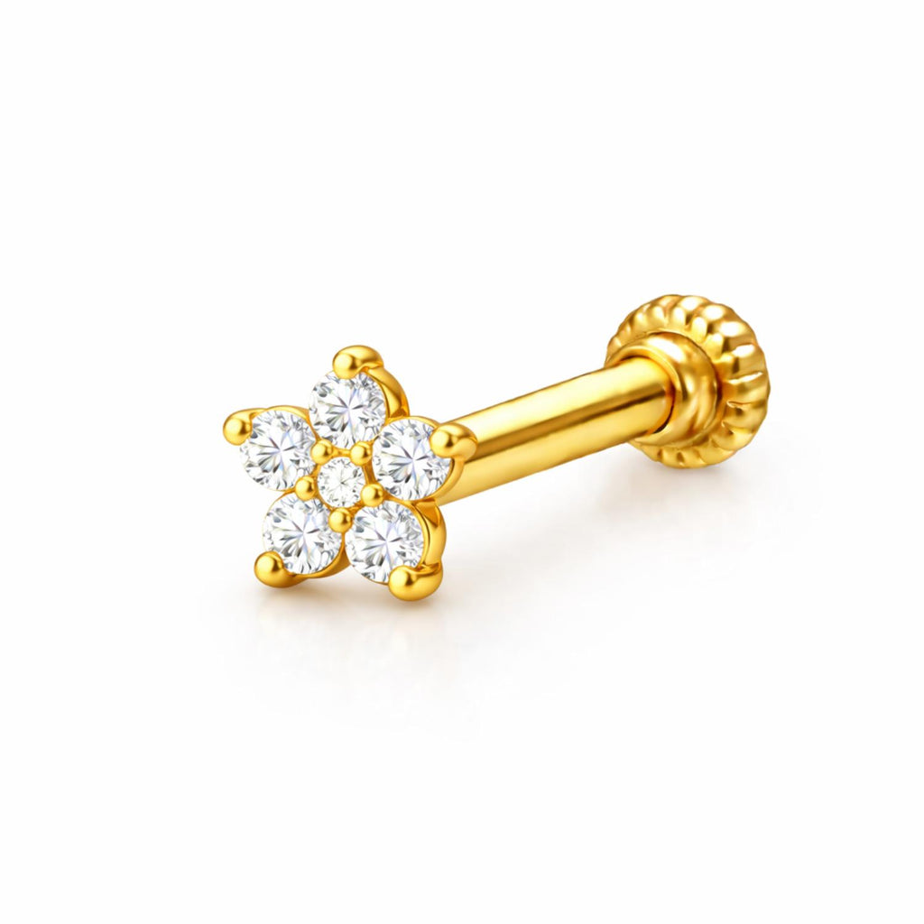 Five Petal Flower CZ Screw Back Nose Pin for Women - 925 Sterling Silver Yellow Plated