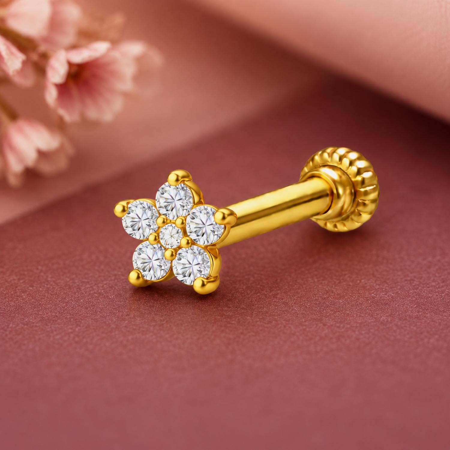 Five Petal Flower CZ Screw Back Nose Pin for Women - 925 Sterling Silver Yellow Plated