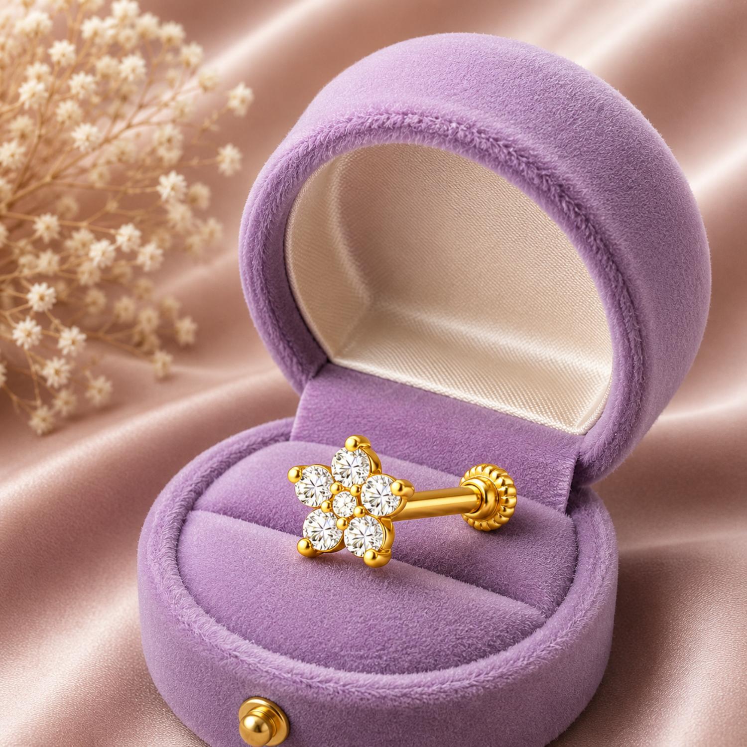 Five Petal Flower CZ Screw Back Nose Pin for Women - 925 Sterling Silver Yellow Plated