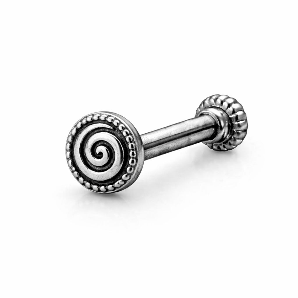 925 Sterling Silver Oxidized Spiral Disc Screw Back Nose Pin for Women