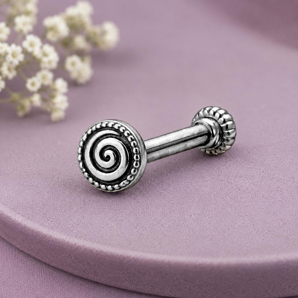 925 Sterling Silver Oxidized Spiral Disc Screw Back Nose Pin for Women