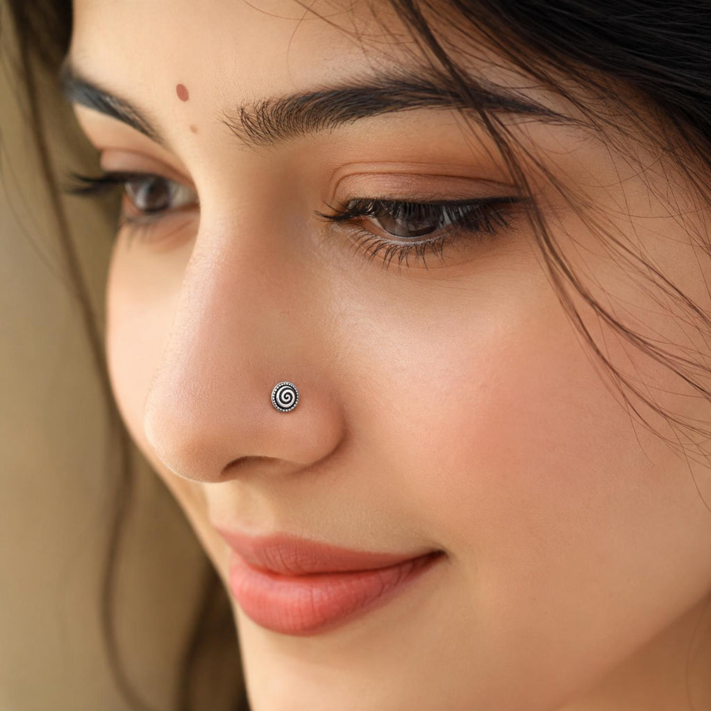 925 Sterling Silver Oxidized Spiral Disc Screw Back Nose Pin for Women