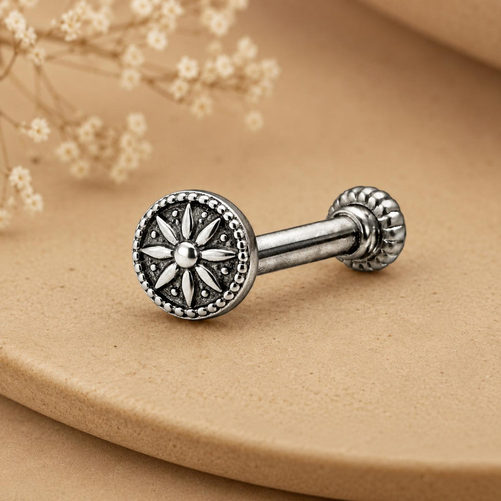 925 Sterling Silver Oxidized Sunflower Disc Screw Back Nose Pin for Women
