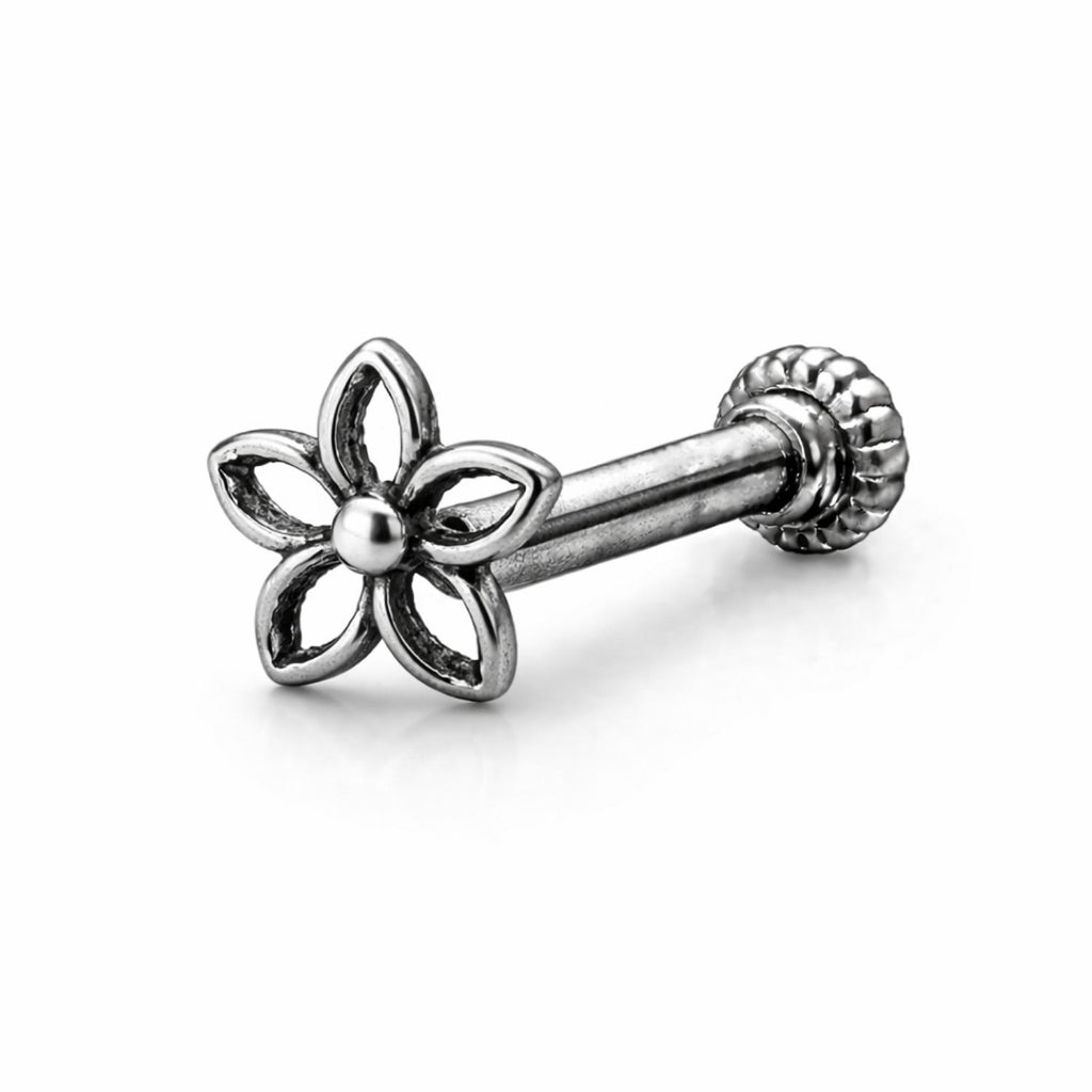 925 Sterling Silver Oxidized Open Flower Screw Back Nose Pin for Women