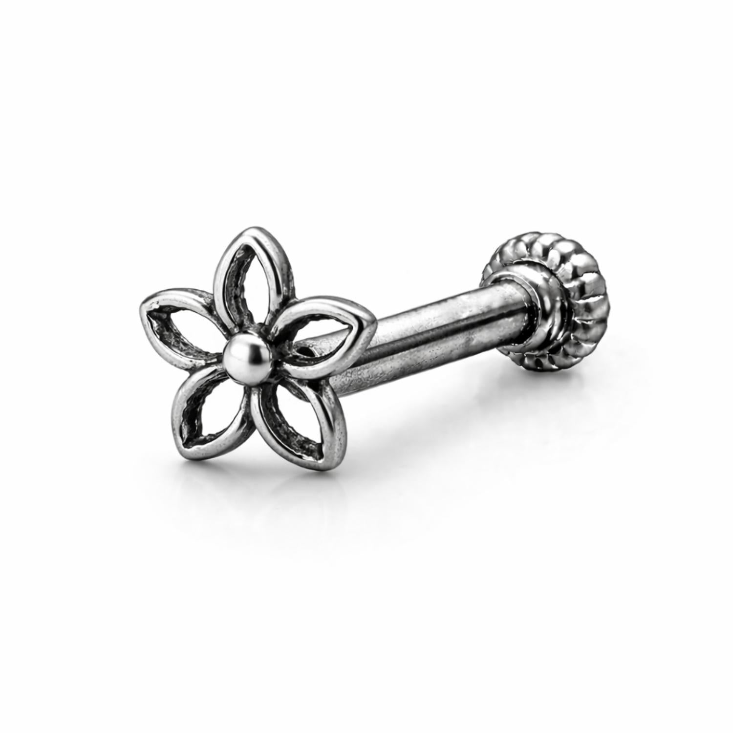 925 Sterling Silver Oxidized Open Flower Screw Back Nose Pin for Women