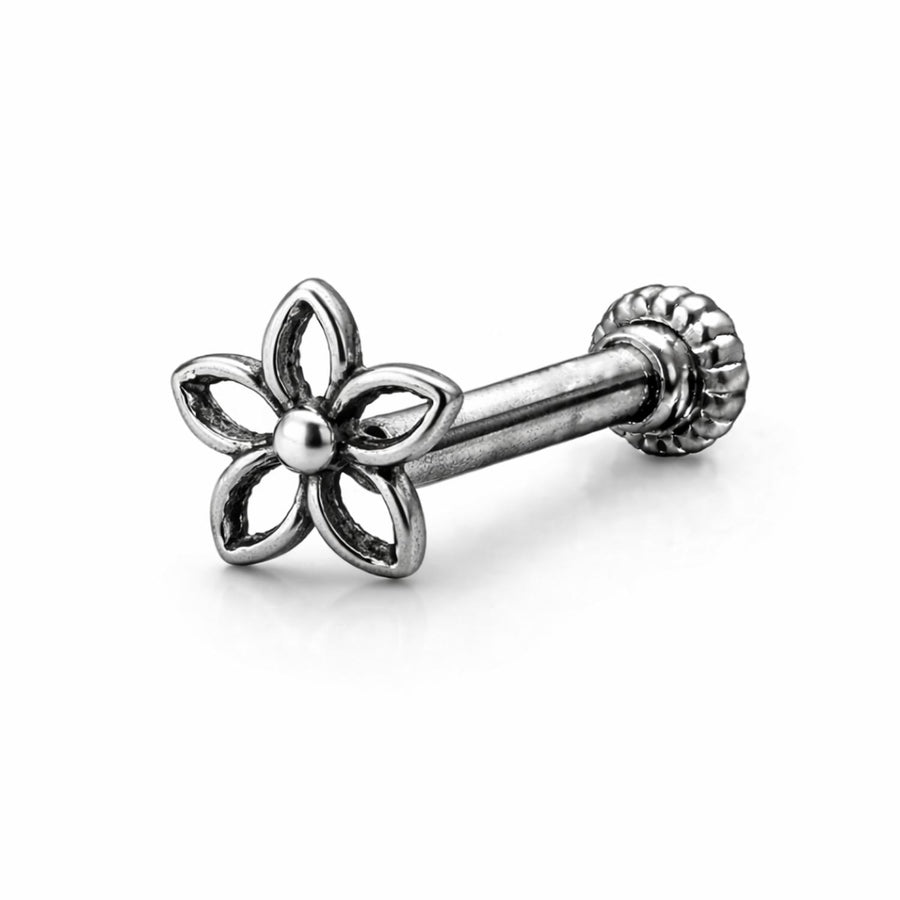 Oxidised Open Flower Screw Back Nose Pin – 925 Sterling Silver