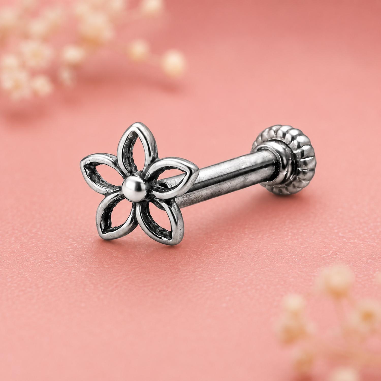 925 Sterling Silver Oxidized Open Flower Screw Back Nose Pin for Women