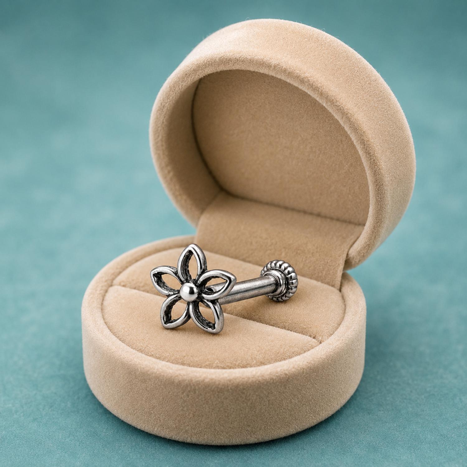 925 Sterling Silver Oxidized Open Flower Screw Back Nose Pin for Women